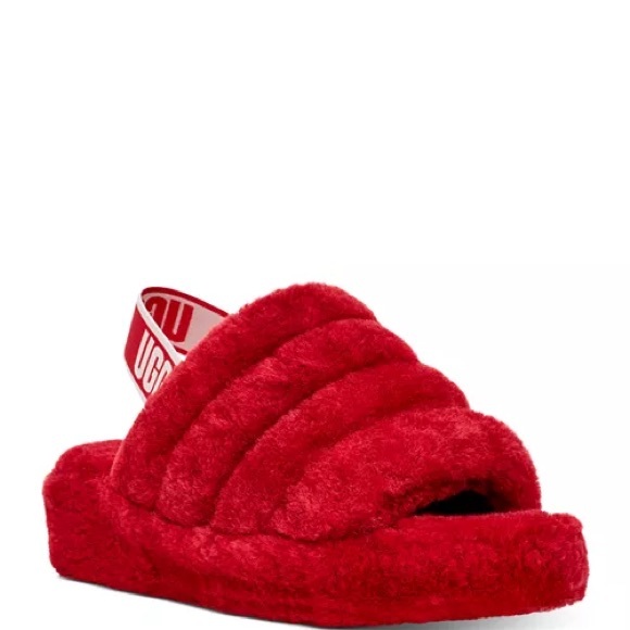 UGG Red Fluffy Slide Sandals size 8 Fall comfy trendy boho coastal streetwear - Picture 1 of 6